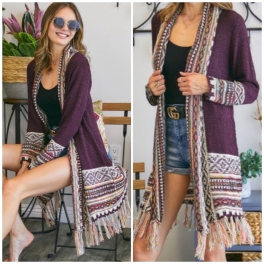 SOLD OUT Burgundy Bohemian Tribal Aztec Print Fringe Open Front Cardigan Knit - Picture 1 of 6